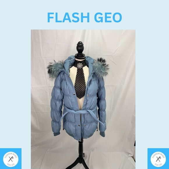 WOMEN MEDIUM PUFFER JACKET FLASH GEO BRAND WITH FUR BLUE HIGH END CANADIAN BRAND - Picture 8 of 9